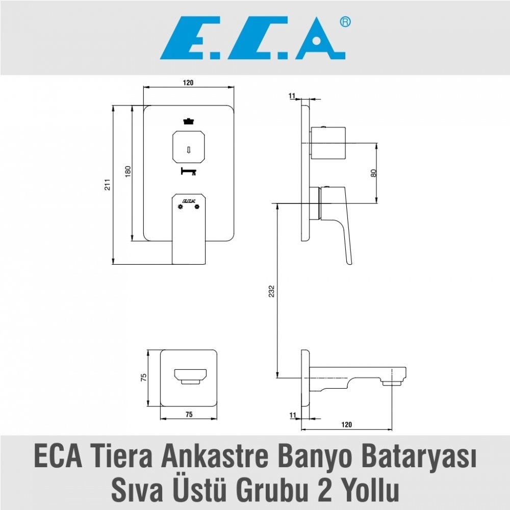 ECA Tiera Ankastre Banyo/Duş Bataryası Sıva Üstü Grubu - 2 Yollu, 102167205-KDE