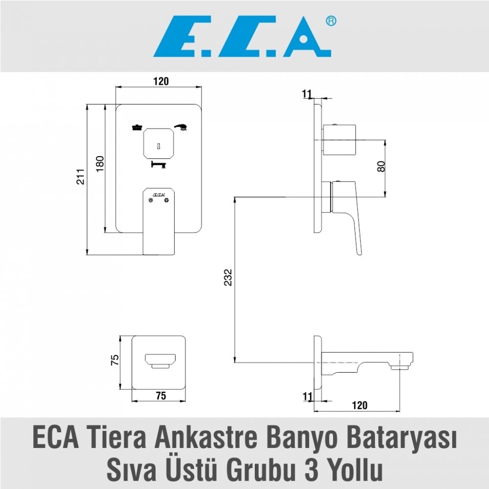 ECA Tiera Ankastre Banyo Bataryası Sıva Üstü Grubu - 3 Yollu, 102167305-K