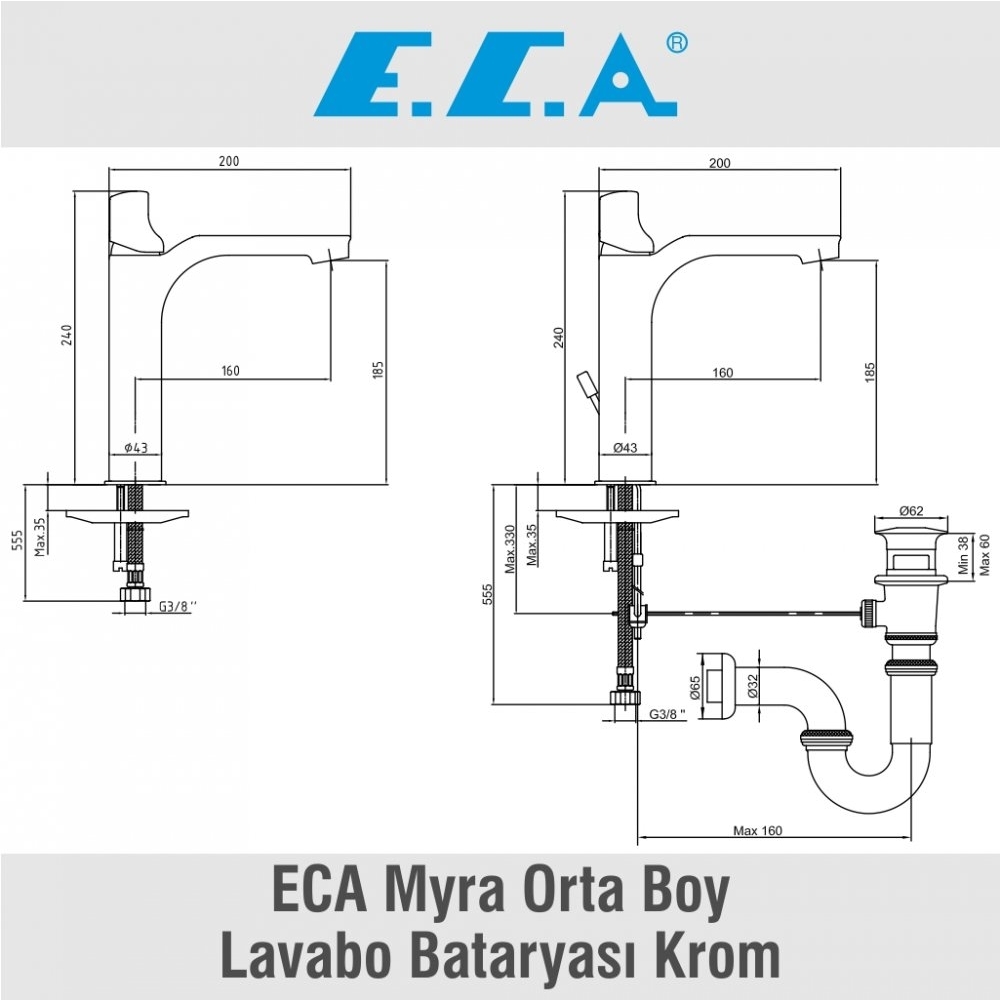 ECA Myra Orta Boy Lavabo Bataryası Krom, 102108983H