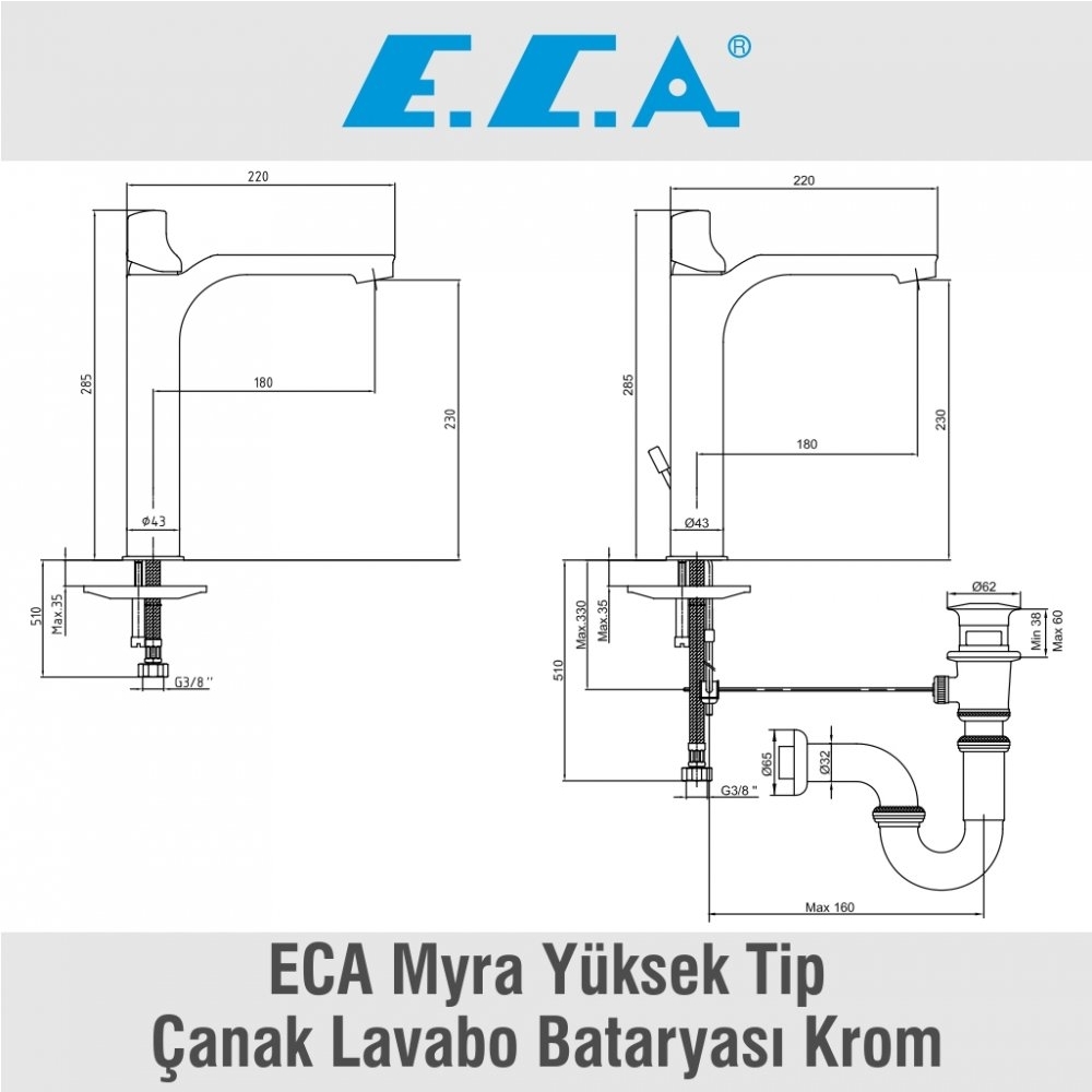 ECA Myra Yüksek Tip Çanak Lavabo Bataryası Krom, 102108984H