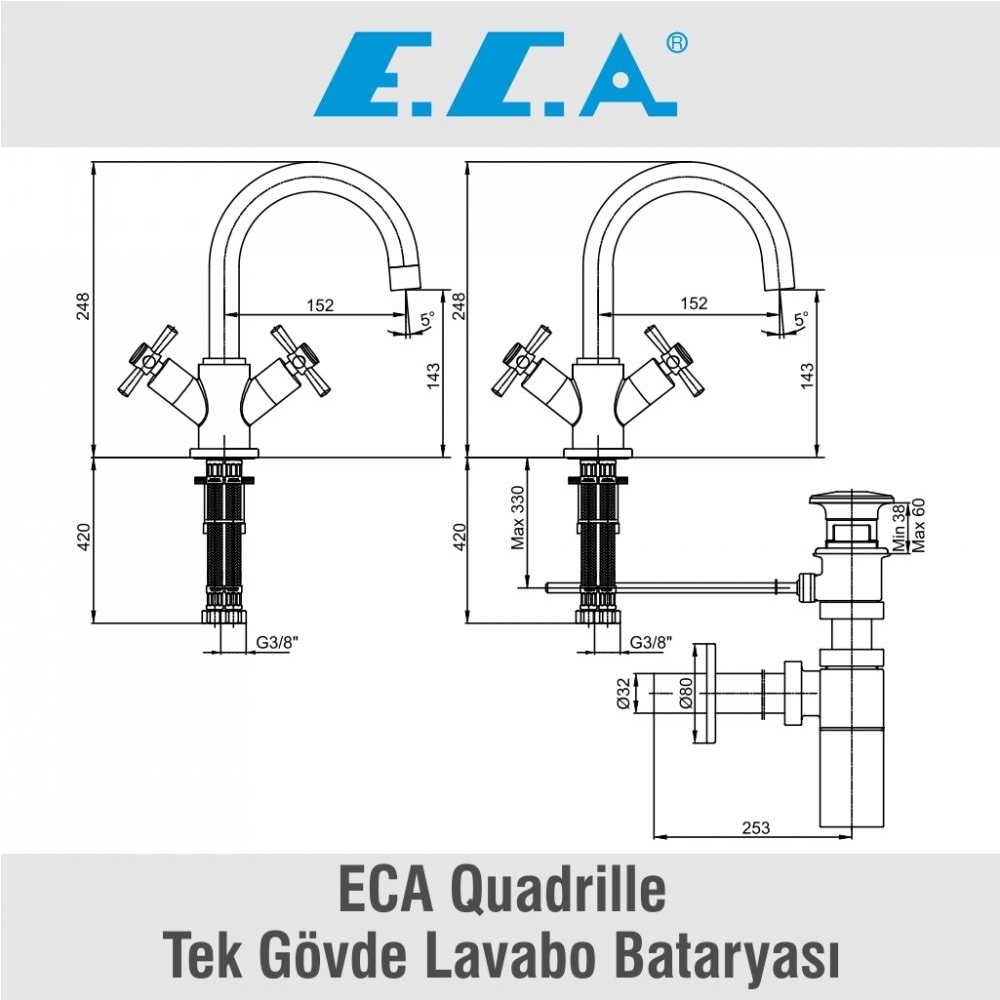 ECA Quadrille Tek Gövde Lavabo Bataryası, 102108396