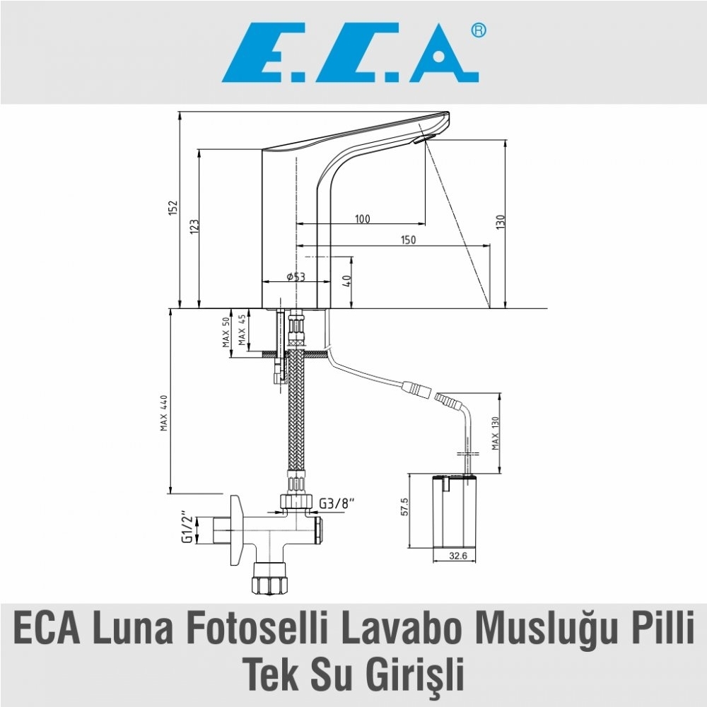 ECA Luna Fotoselli Lavabo Musluğu Pilli, Tek Su Girişli, 108108055