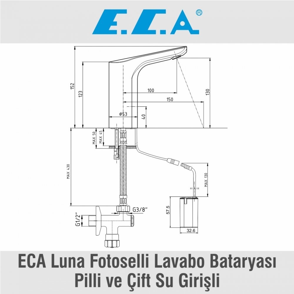 ECA Luna Fotoselli Lavabo Bataryası Pilli, Çift Su Girişli, 108108051