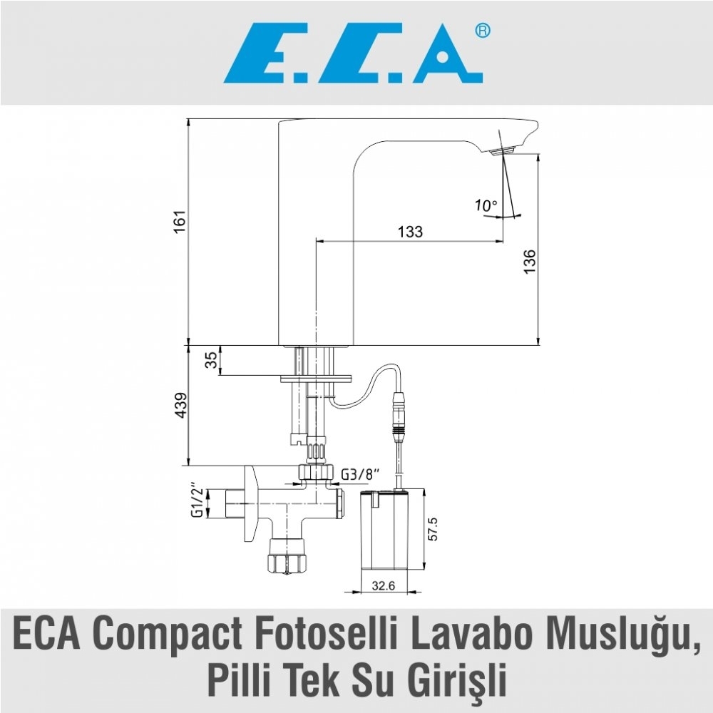 ECA Compact Fotoselli Lavabo Musluğu, Pilli Tek Su Girişli, 108108038