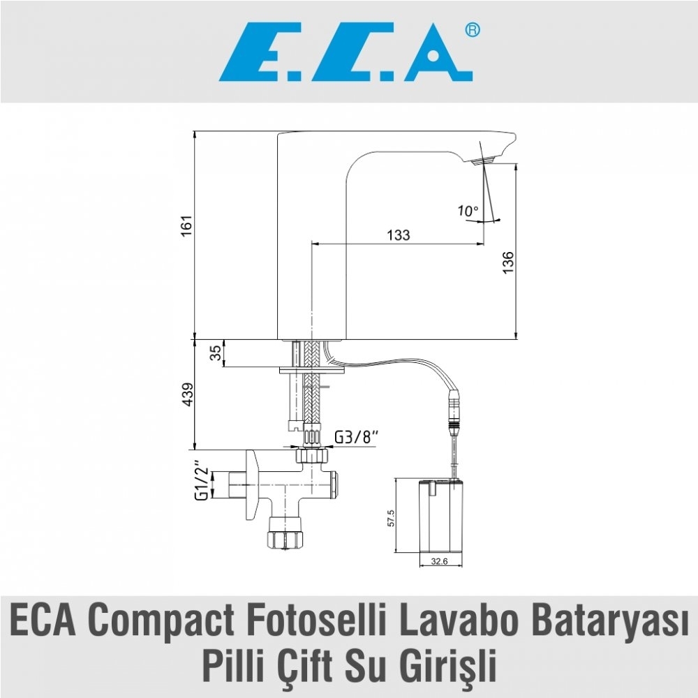 ECA Compact Fotoselli Lavabo Bataryası, Pilli Çift Su Girişli, 108108037